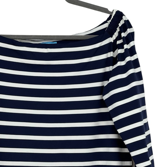 J McLaughlin Size Large Blue/White Patrice Off Shoulder Striped Nautical Dress - Picture 3 of 12